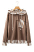 Waffle Knit Striped Patchwork Button Neck Drawstring Hoodie
