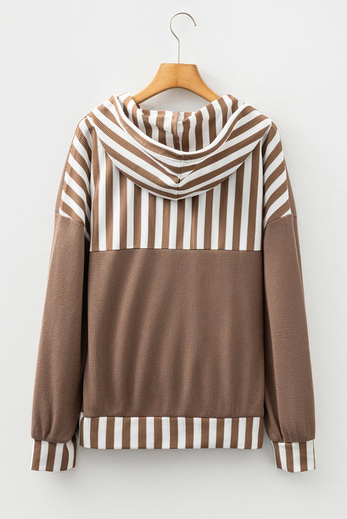 Waffle Knit Striped Patchwork Button Neck Drawstring Hoodie