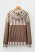 Waffle Knit Striped Patchwork Button Neck Drawstring Hoodie