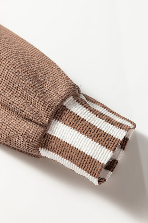 Waffle Knit Striped Patchwork Button Neck Drawstring Hoodie