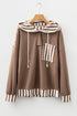 Waffle Knit Striped Patchwork Button Neck Drawstring Hoodie
