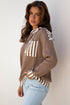 Waffle Knit Striped Patchwork Button Neck Drawstring Hoodie