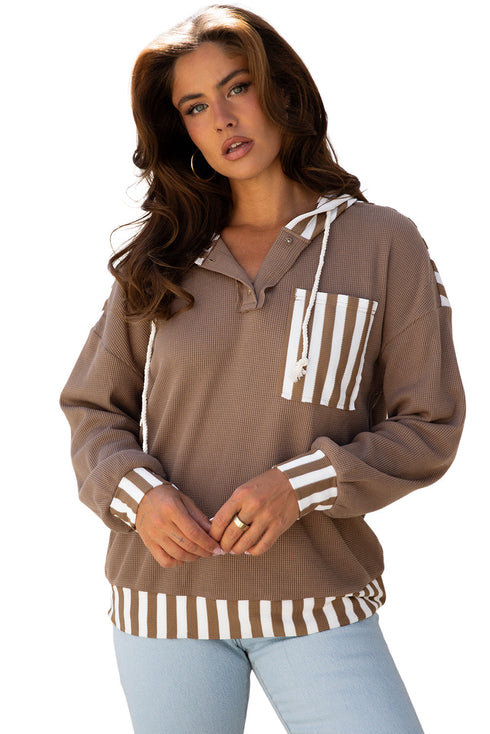 Waffle Knit Striped Patchwork Button Neck Drawstring Hoodie