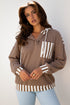 Waffle Knit Striped Patchwork Button Neck Drawstring Hoodie