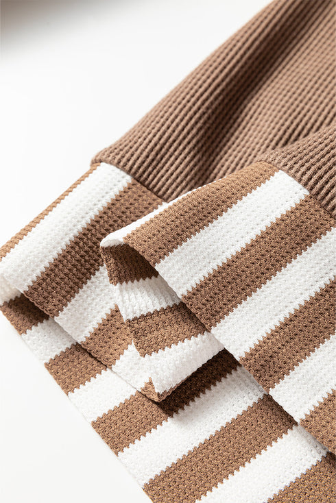 Waffle Knit Striped Patchwork Button Neck Drawstring Hoodie