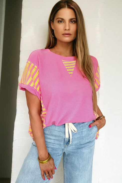 Waffle Knit Striped Patchwork Short Sleeve Loose Fit Shirt