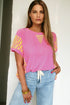 Waffle Knit Striped Patchwork Short Sleeve Loose Fit Shirt