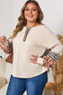 Waffle Knit Striped Plaid Patchwork Half Button Long Sleeve Top
