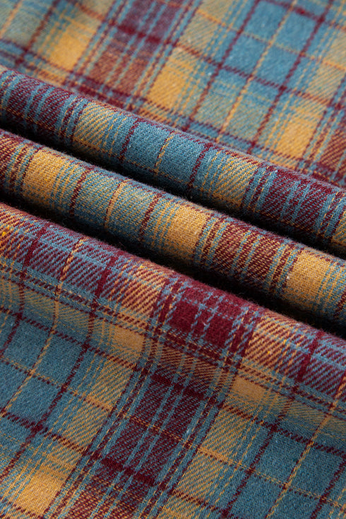Waffle Knit Striped Plaid Patchwork Half Button Long Sleeve Top