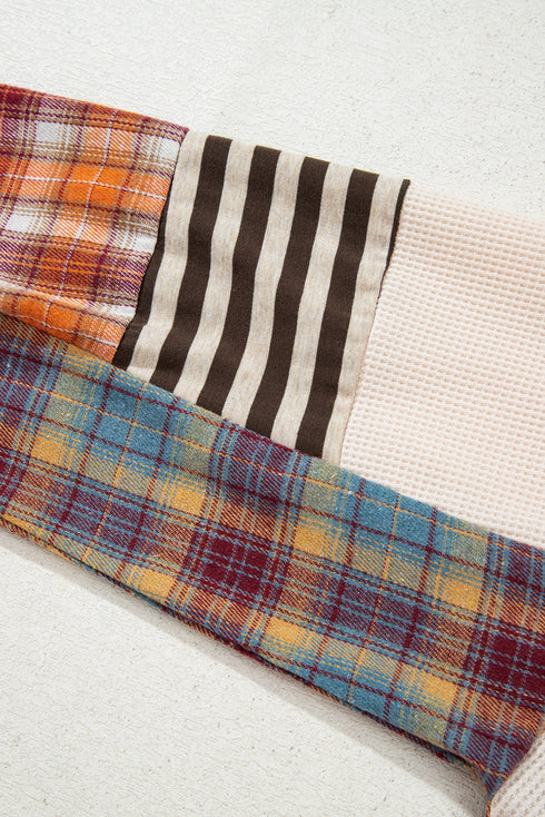 Waffle Knit Striped Plaid Patchwork Half Button Long Sleeve Top