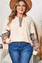 Waffle Knit Striped Plaid Patchwork Half Button Long Sleeve Top