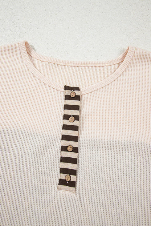 Waffle Knit Striped Plaid Patchwork Half Button Long Sleeve Top