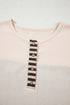 Waffle Knit Striped Plaid Patchwork Half Button Long Sleeve Top