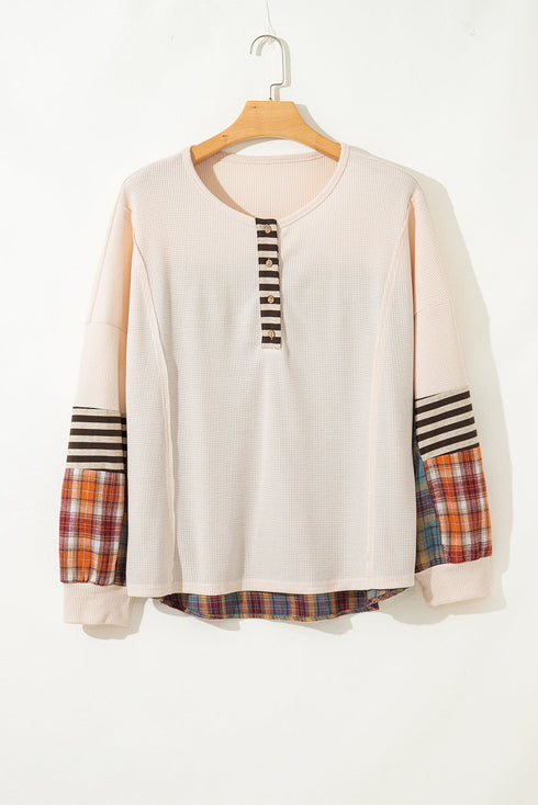 Waffle Knit Striped Plaid Patchwork Half Button Long Sleeve Top