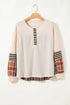 Waffle Knit Striped Plaid Patchwork Half Button Long Sleeve Top