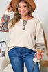 Waffle Knit Striped Plaid Patchwork Half Button Long Sleeve Top