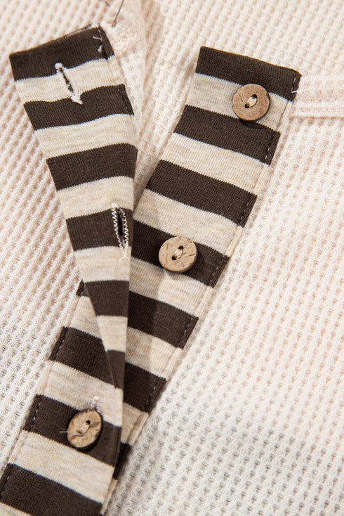 Waffle Knit Striped Plaid Patchwork Half Button Long Sleeve Top