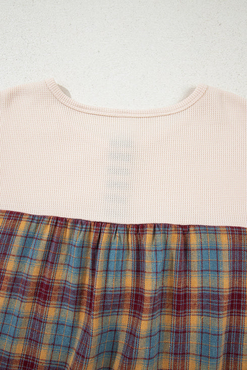 Waffle Knit Striped Plaid Patchwork Half Button Long Sleeve Top