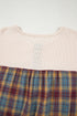 Waffle Knit Striped Plaid Patchwork Half Button Long Sleeve Top