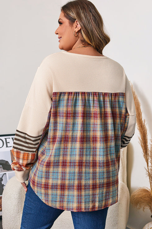 Waffle Knit Striped Plaid Patchwork Half Button Long Sleeve Top