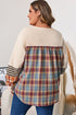 Waffle Knit Striped Plaid Patchwork Half Button Long Sleeve Top
