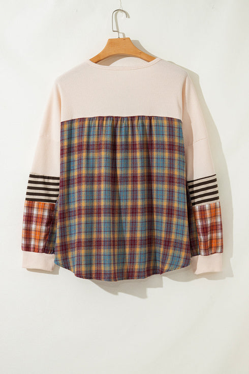 Waffle Knit Striped Plaid Patchwork Half Button Long Sleeve Top