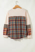 Waffle Knit Striped Plaid Patchwork Half Button Long Sleeve Top
