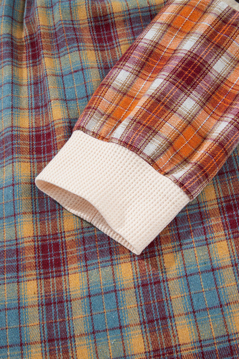 Waffle Knit Striped Plaid Patchwork Half Button Long Sleeve Top