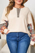 Waffle Knit Striped Plaid Patchwork Half Button Long Sleeve Top