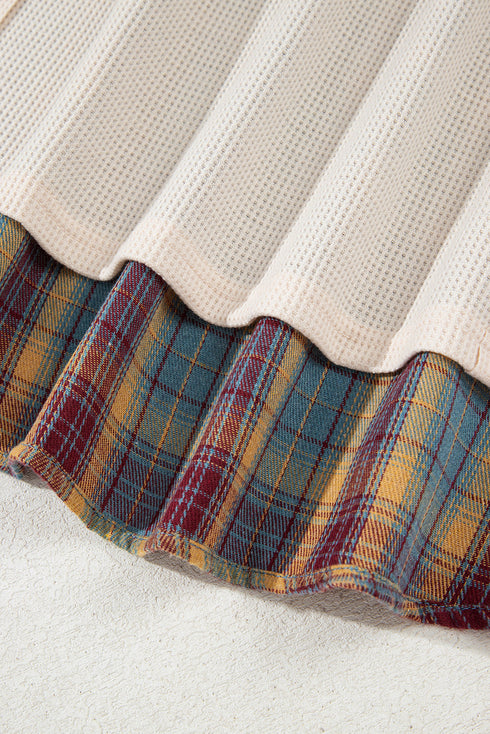 Waffle Knit Striped Plaid Patchwork Half Button Long Sleeve Top