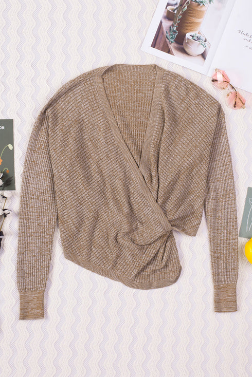 Waffle Knit Surplice V Neck Long Sleeve Top