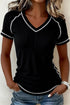 Waffle Knit Textured Contrast Trim V Neck Tee