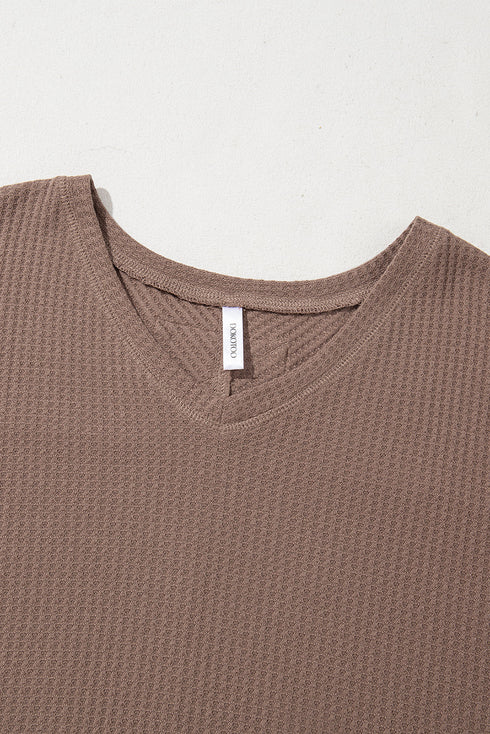 Waffle Knit V Neck Drop Shoulder Long Sleeve Casual Blouse