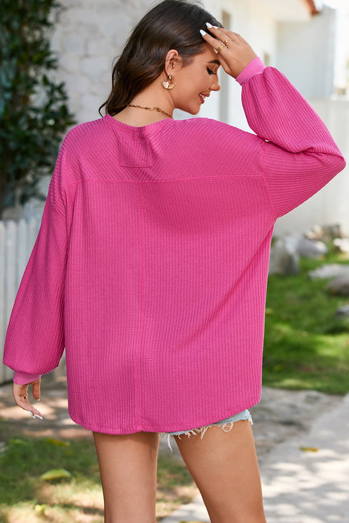 Waffle Knit V Neck Drop Shoulder Long Sleeve Casual Blouse