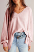 Waffle Knit V Neck Drop Shoulder Long Sleeve Casual Blouse