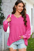 Waffle Knit V Neck Drop Shoulder Long Sleeve Casual Blouse