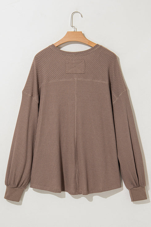 Waffle Knit V Neck Drop Shoulder Long Sleeve Casual Blouse