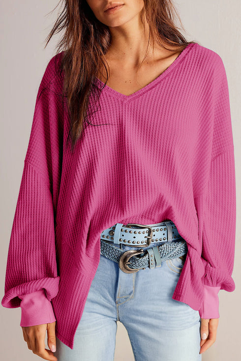 Waffle Knit V Neck Drop Shoulder Long Sleeve Casual Blouse