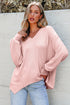 Waffle Knit V Neck Drop Shoulder Long Sleeve Casual Blouse