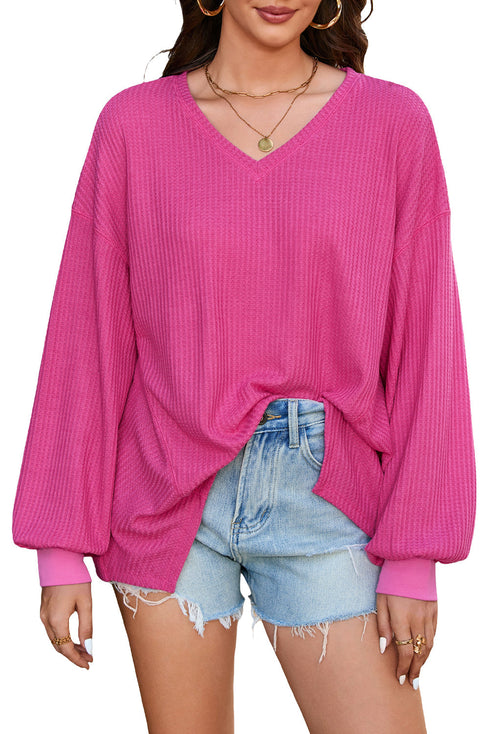 Waffle Knit V Neck Drop Shoulder Long Sleeve Casual Blouse