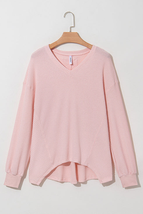 Waffle Knit V Neck Drop Shoulder Long Sleeve Casual Blouse