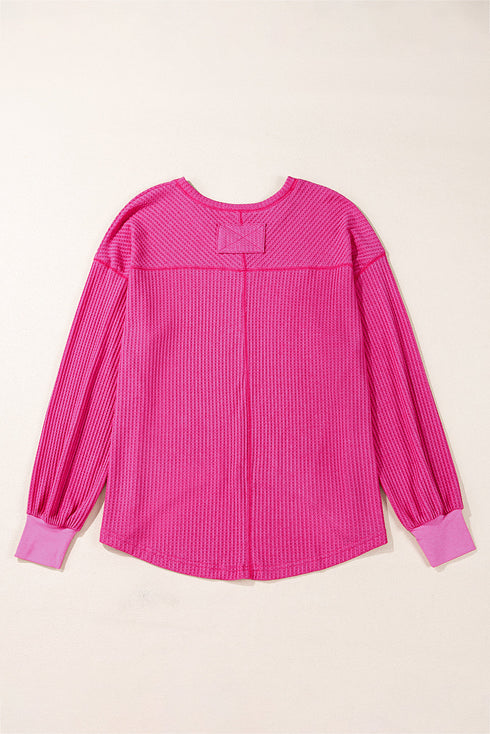Waffle Knit V Neck Drop Shoulder Long Sleeve Casual Blouse