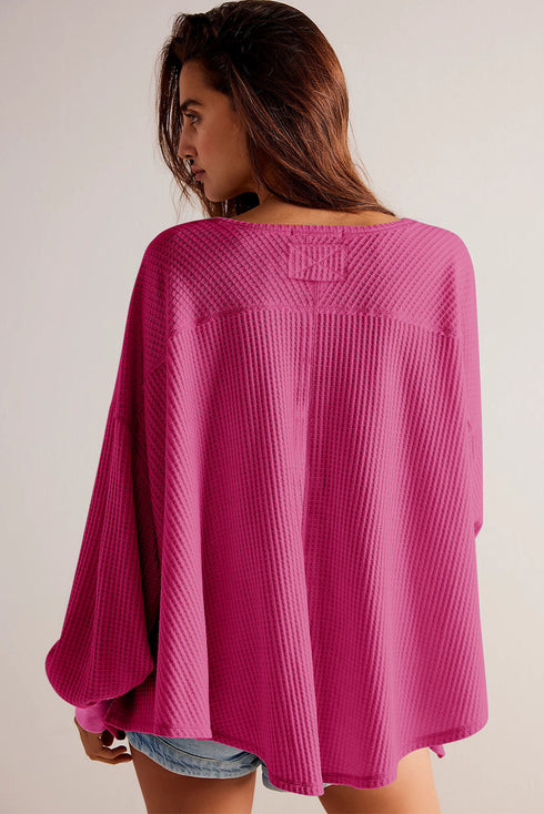 Waffle Knit V Neck Drop Shoulder Long Sleeve Casual Blouse