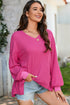 Waffle Knit V Neck Drop Shoulder Long Sleeve Casual Blouse