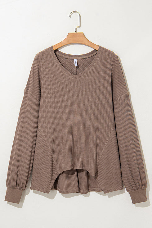 Waffle Knit V Neck Drop Shoulder Long Sleeve Casual Blouse