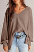 Waffle Knit V Neck Drop Shoulder Long Sleeve Casual Blouse