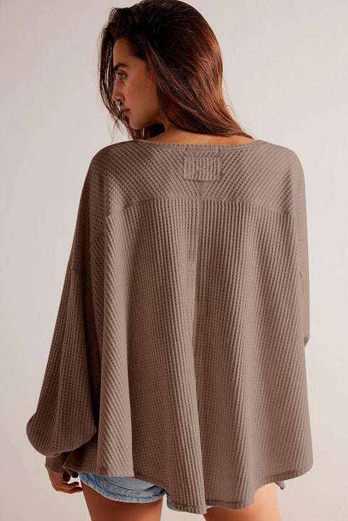 Waffle Knit V Neck Drop Shoulder Long Sleeve Casual Blouse