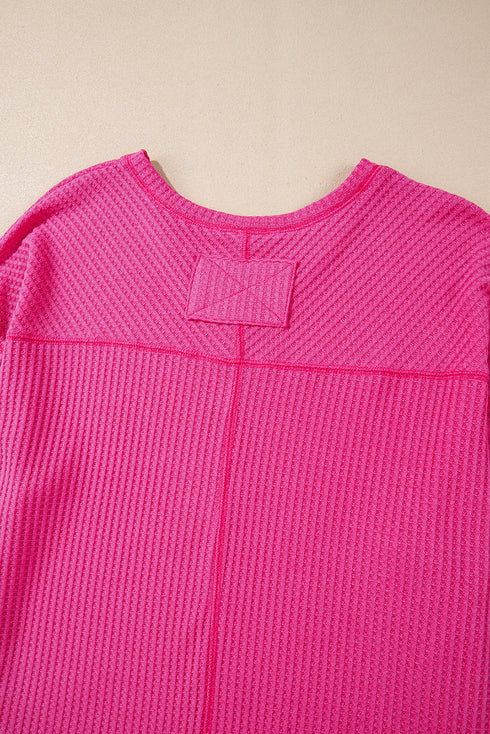 Waffle Knit V Neck Drop Shoulder Long Sleeve Casual Blouse