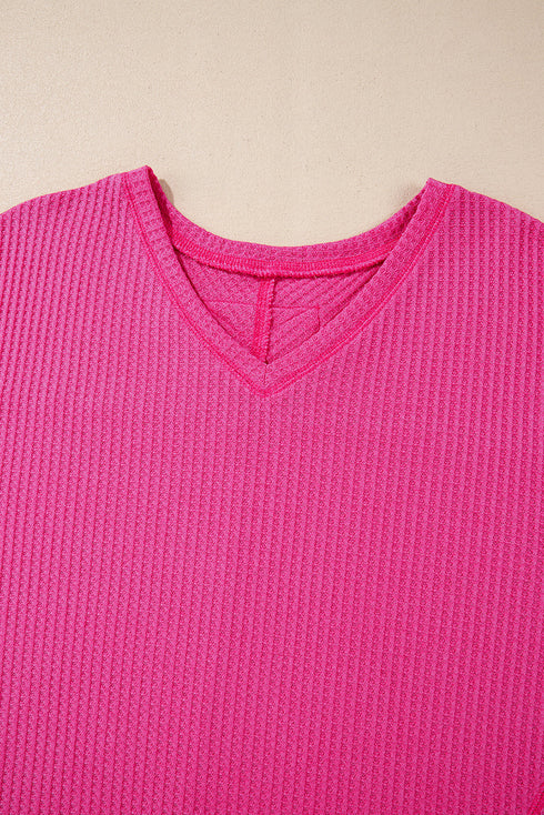 Waffle Knit V Neck Drop Shoulder Long Sleeve Casual Blouse