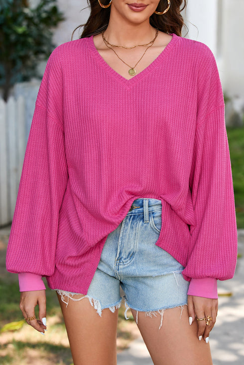 Waffle Knit V Neck Drop Shoulder Long Sleeve Casual Blouse